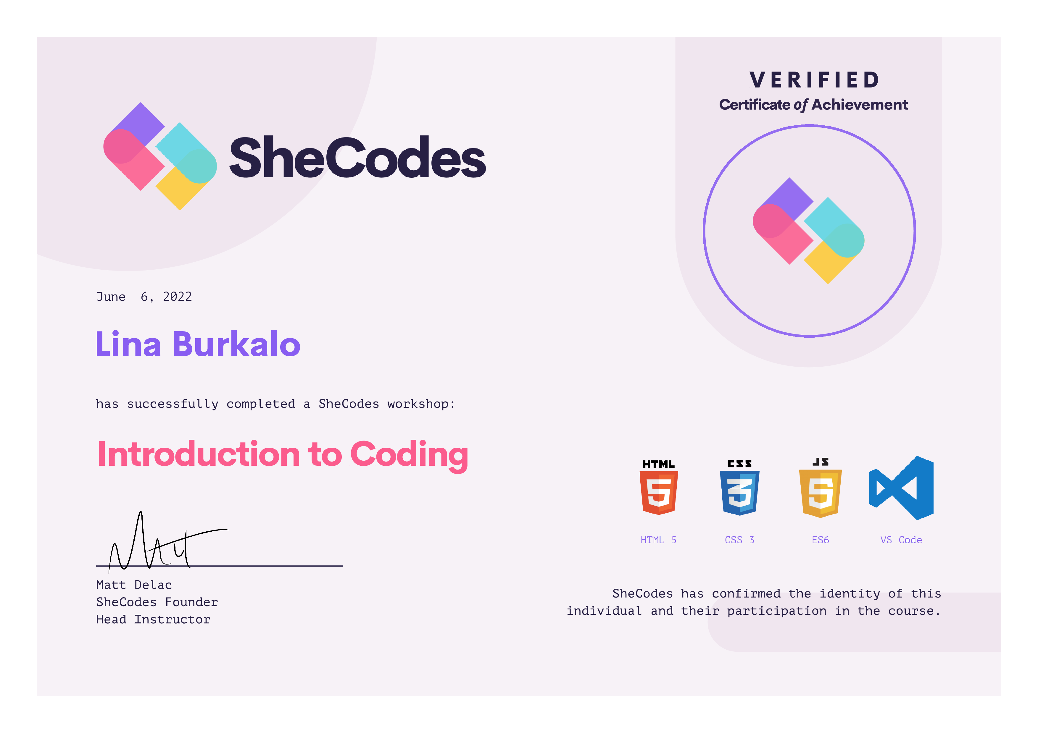 certificate shecodes